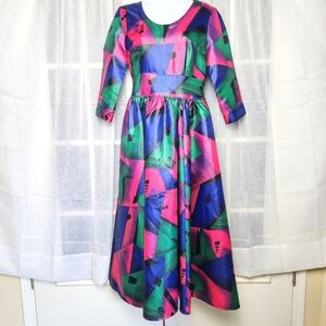 Eien Maxi A Line Dress 3/4 Sleeve Abstract Geometric Colorful Artsy Party Sz S